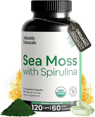 Irish Sea Moss Spirulina Capsules 120 Count Organic Supplement for Wellness