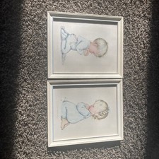 Vintage MCM Charlot Byi Framed Nursery Prints-A Childs Prayer, Bless Us All 11x9