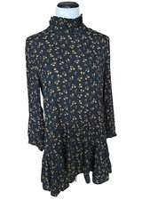 Zara Navy Blue Mustard Gold Flower Dress Mock Neck Long Sleeve Short Size L