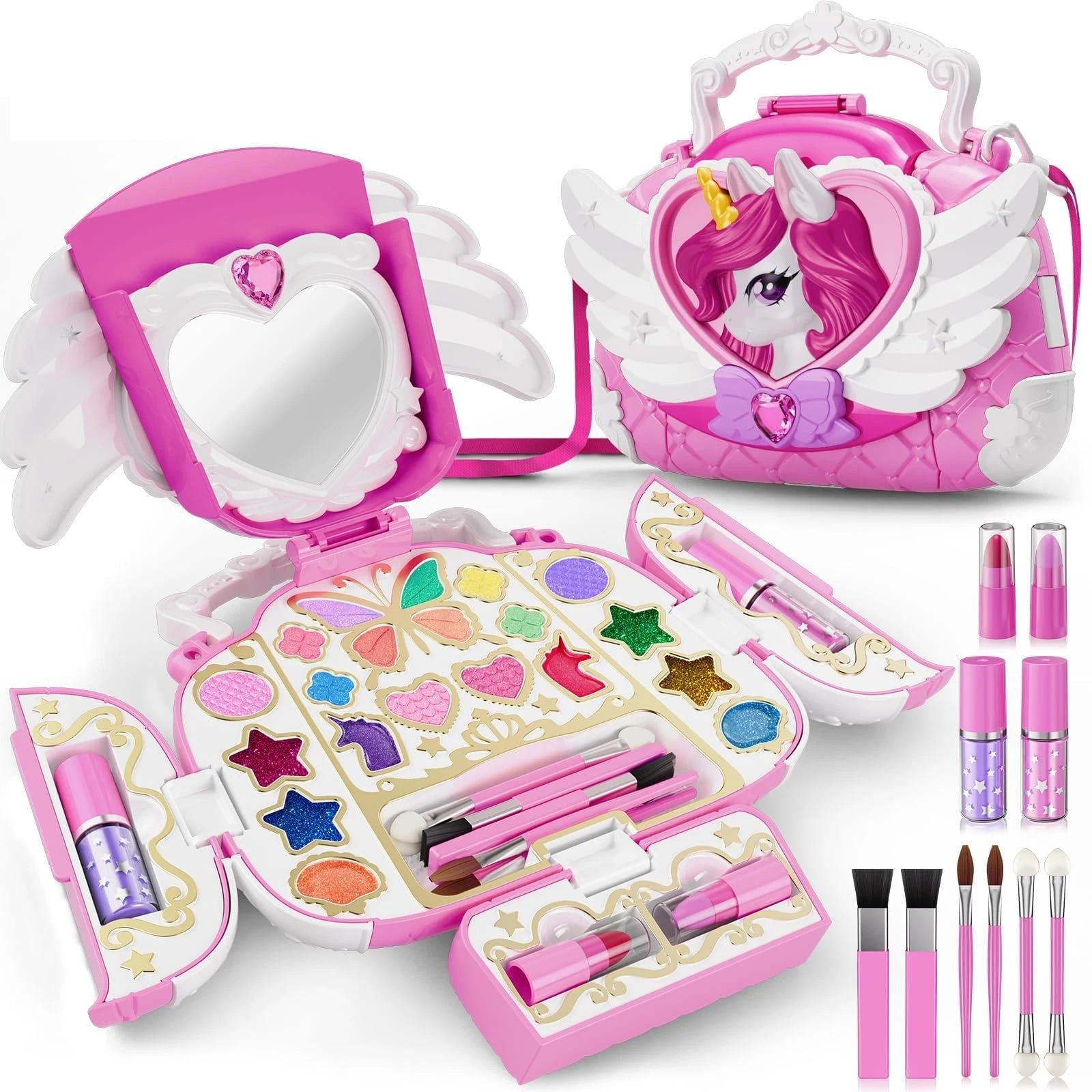 Unicorn Makeup Kit with Mirror & Strap, Real Washable Cosmetic Set, All-in-1 ...