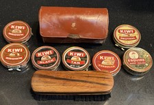 Vintage Shoe Shine Lot Brush Used Polish 7 Tins And Holder Kiwi Esquire