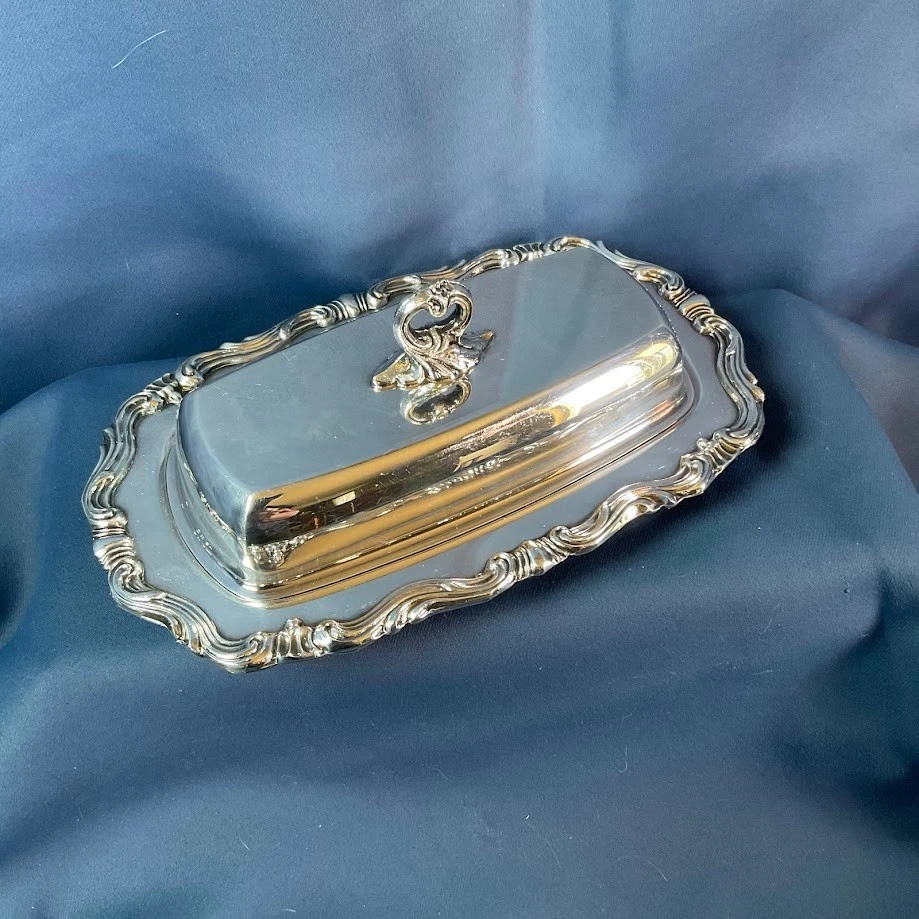 FB Rogers Silverplate Butter Dish w Lid Glass Insert Ornate #1959 VTG