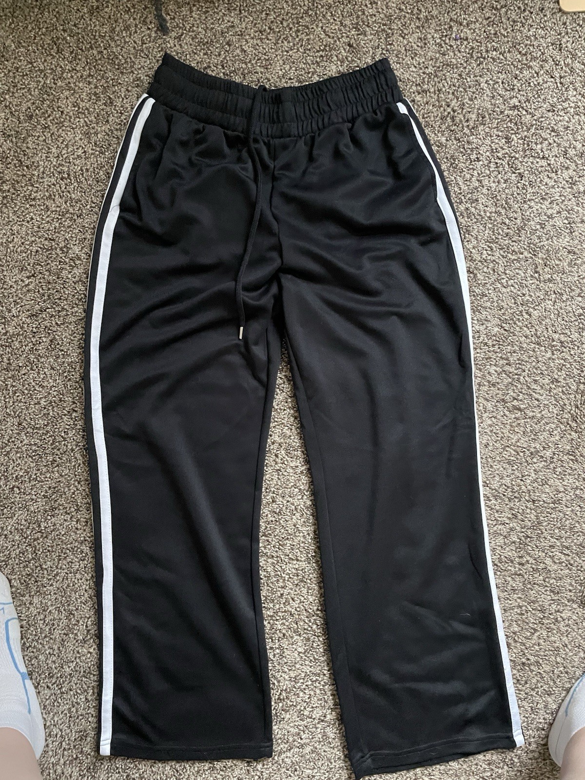 No Comment Men's Black Track Pants L White Stripes Elastic Waist Drawstring
