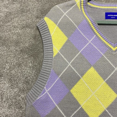 Jack Jones Knitted Sweater Vest Mens 42in Chest Grey Purple Argyle Diamond Golf - Picture 6 of 12