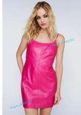Womens Leather Mini Dress Pink Lambskin Strap Party Clubwear Bodycon Outfit Wear