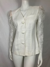 White Linen Blazer with Sheer Textured Sleeves Aseret Brand Women Size 8