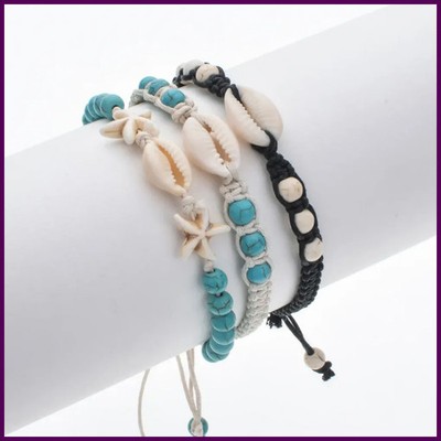 Summer Beach Cowrie Seashell Macrame Bracelet with Stones Black White Cord Handm