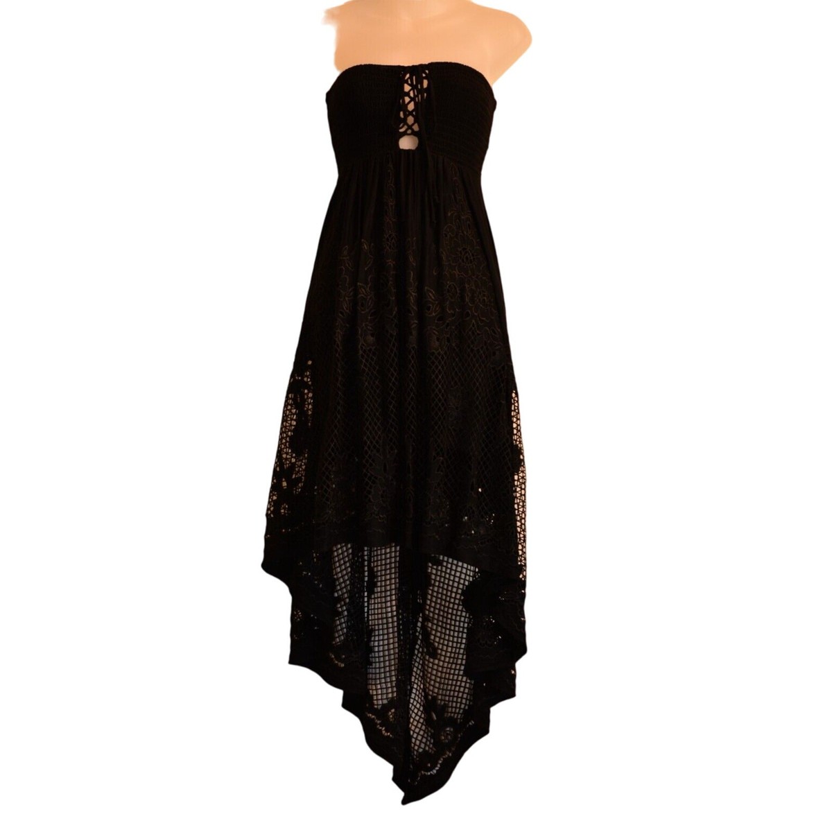 sexy clothing brands Sky Clothing Brand XS Hi Low Dress Black Eyelet Lace Up Embroidered Knit  Sexy