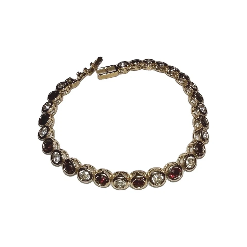 Pulsera de tenis con bisel redondo de 8 quilates para mujer rubí simulado enchapado en oro amarillo de 14 k Foto 3 de 4