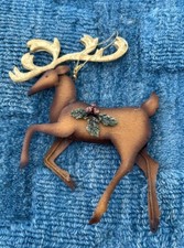 Dark Brown Metal Reindeer With Gold Antlers Christmas Tree Ornament 7  H x 5.75  L
