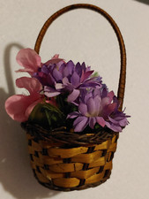 Mini Brown Round Wicker - Basket 3 1/4 in Dia x 5 in Total Height - W/Flowers