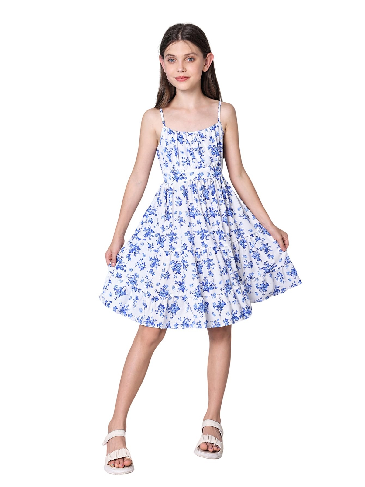 Girl's Floral Print Cami Dress Ruffle Hem Flared Short Spaghetti Strap Dresse...