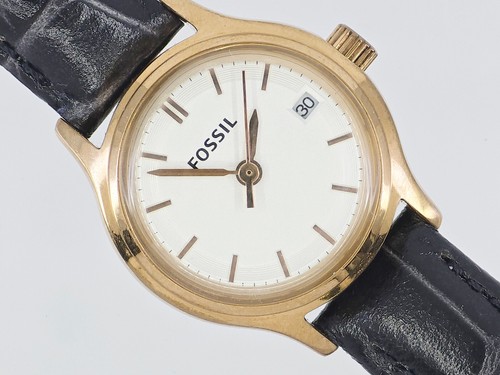 VTG FOSSIL ARCHIVAL ES3169 WHITE DIAL/DATE GOLD TONE LEATHER BAND WATCH *WORKING - Picture 16 of 16