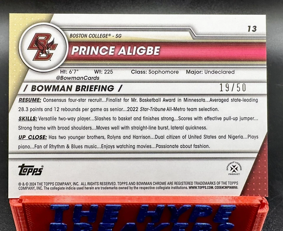 19/50 Prince Aligbe GOLD Refractor 1st Sapphire 2023-24 Bowman U Chrome Sapphire - Image 2 of 2