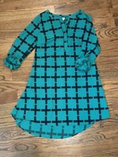 Merona Green Plaid Dress Roll Tab Sleeved Sz Lg Casual Work Button
