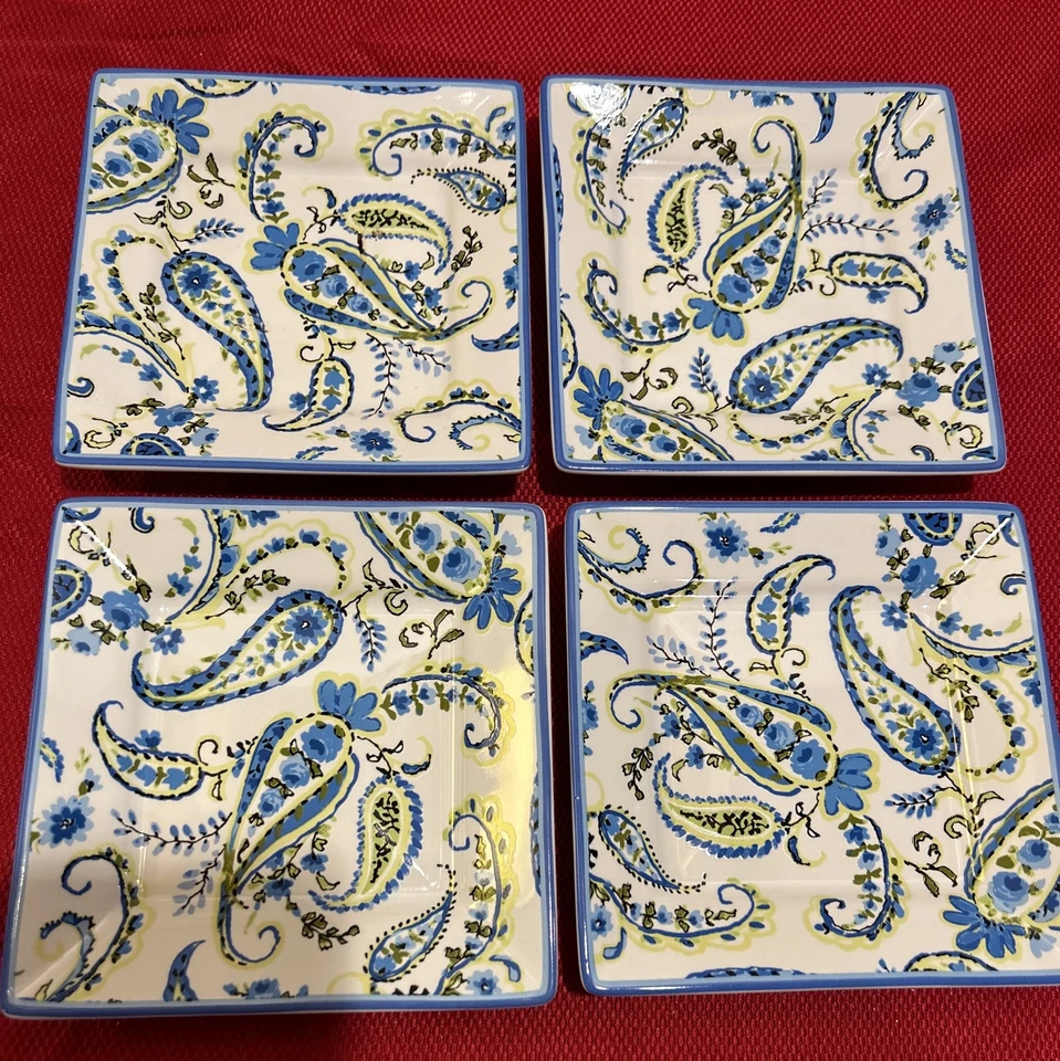 Cynthia Rowley 4 Platos de Cóctel Cuadrados Azul Paisley Relish Pan Postre Foto 4 de 4
