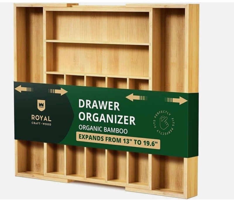 Lot 2-Luxury Bamboo Kitchen Drawer Organizer-Silverware Organizer-9 Slot Natural