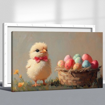 Easter Chick Canvas Painting: Cute Chick with Easter Eggs in Basket
