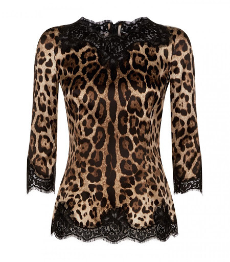 DOLCE & GABBANA★素敵！Brown Leopard Print Wool Lace Top Leopard-print satin top with lace inlay in Animal Print for