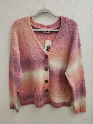 So Pink Yellow V-Neck Long Sleeve Button Up Sweater Cardigan