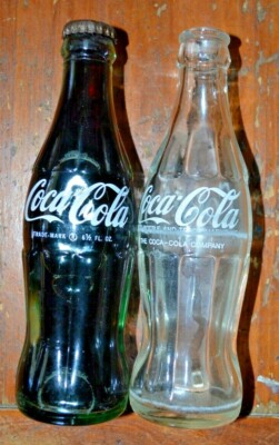 Pair 0f 6.5oz Coca-Cola Bottles Green Glass - 6 Bottles One full one empty