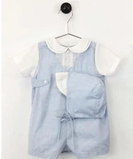 NWT Petit Ami Boys Blue Gingham Romper & Hat 9 Months Baby Jon Jon 9M