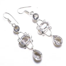 White Topaz  Gemstone Handmade 925 Starling Silver Jewelry Earring Size 2.85"