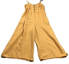 J for Justify Womens Linen Blend Jumpsuit Sz M Mustard Side Pocket Smocked Back