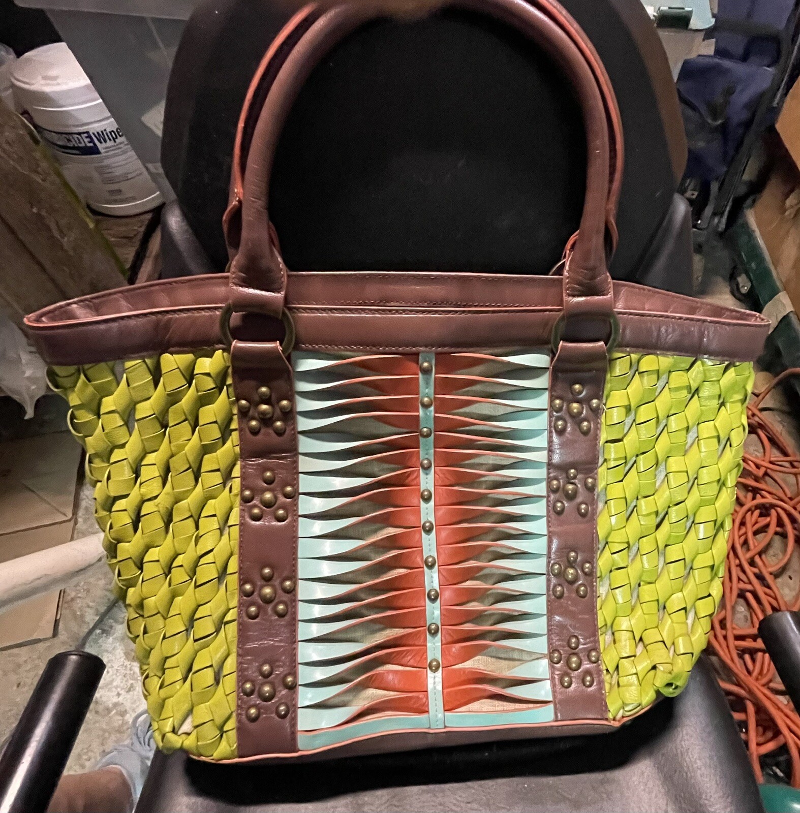 Vintage BEVERLY FELDMAN Multicolored, Studded Woven Leather Bag eBay