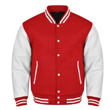 Letterman Varsity  College Retro Bomber Red wool White Leather sleeve Jacket
