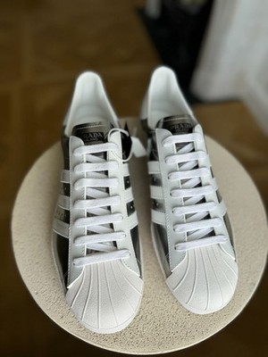 adidas gazelle silver green womens Adidas x Prada Men's 450 Metallic Leather Silver low top sneakers