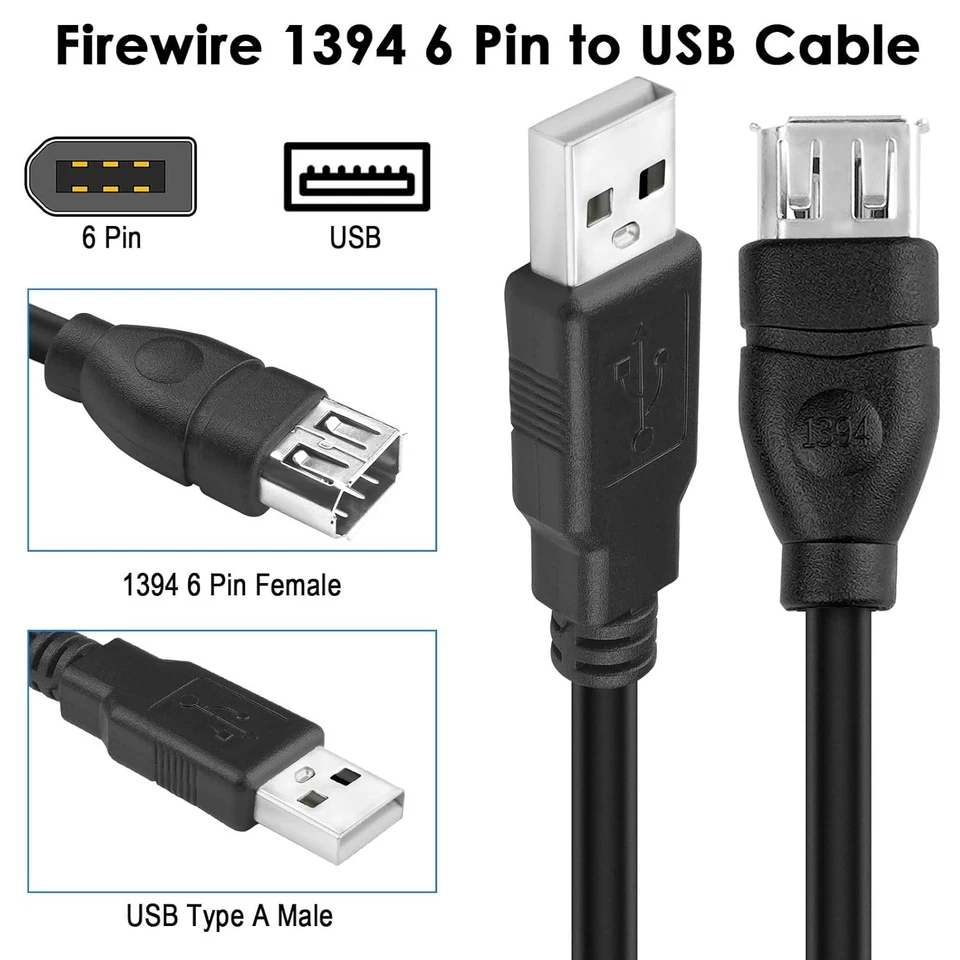 Firewire IEEE 1394 6 Pin Female to USB A Male Adapter Cable, 6 usb 6 pin  - Image 4 of 4