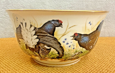 Vintage 1981 Franklin Porzellan The Game Vogel Schale von Basil Ede 26cm 24k Gold