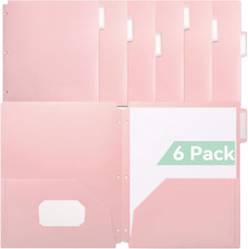 Plastic Folders with Pockets, 3-Hole, 3 Tab Positions, Pink 6 Pack of 2-Pocket