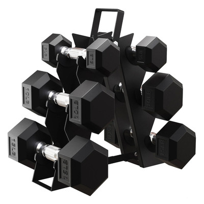 Fitness Signature Rubber Encased Hex Dumbbell Set w/ A-Frame Rack 60lb Set 