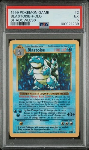 1999 POKEMON BASE SET SHADOWLESS #2 BLASTOISE-HOLO PSA 5