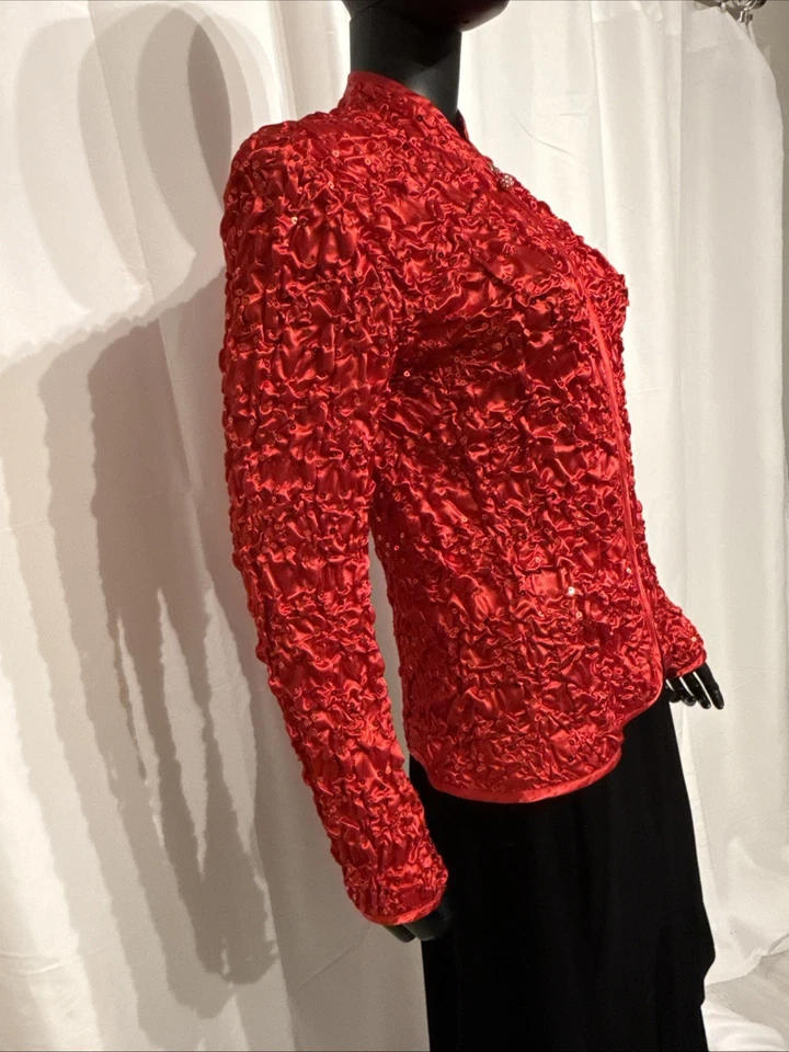 MSK 红色亮片皱褶拉链夹克 M 码缎面弹力晚装上衣温柔爱 — 第 4/4 张图片