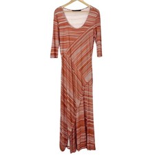Peruvian Connection XS Terracotta Striped Asymmetrical Maxi Dress Elbow Sleeve