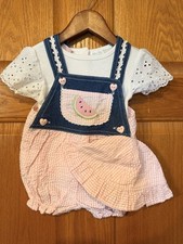 K74 Baby Girl New Vintage Cradle Togs 3-6 Month 3pc Jean Shortalls Outfit