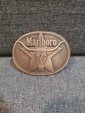 Vintage 1987 Marlboro Solid Brass Longhorn & Star Belt Buckle By Philip Morris