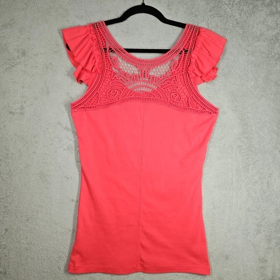 Top Largo The Tee Shop Rosa Coral Volantes Flutter Slvs Crochet Encaje Espalda Talla L Foto 2 de 4