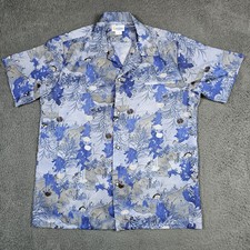 Vintage 1960s Adrade Resort Shirt Mens Large Blue Leaf Floral Design Hawaii Camp