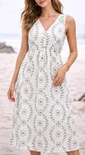 A New Day Cotton Embroidered Midi Dress White Green Floral Medium Summer Wedding