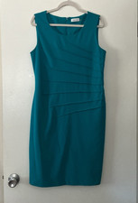 Calvin Klein Teal Sheath Dress Sleeveless Pleated Knee Length Size 12 Ruched