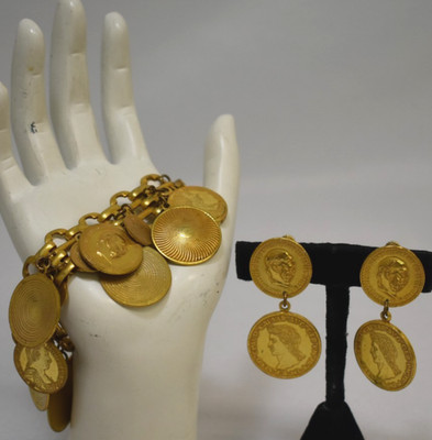 VTG Miriam Haskell Gold Tone Coin Bracelet & Earrings Julius Caesar Rome Motif