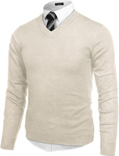 Mens V Neck Dress Sweater Knit Long Sleeve Slim Fit Sweaters Fashion Pullover Sw