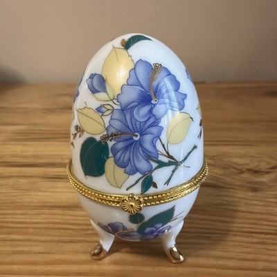 Blue Floral Footed Porcelain Egg Trinket Box with Gold Hinge