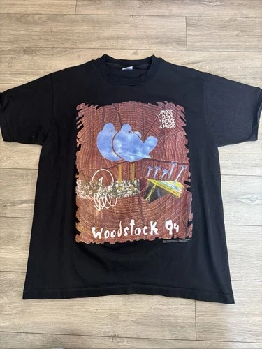 Woodstock T-Shirt Black XL Vintage 90's Band List On Ba 1990s vintage concert t-shirt, vintage, size XL, single stitch, B+ condition
