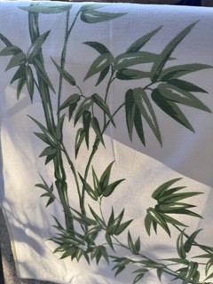 Vintage Tablecloth California Hand Prints MCM Bamboo Leaves White Green 57x50