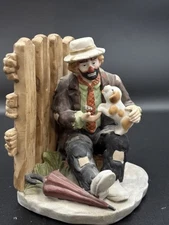 Vintage Bookend Flambro Emmett Kelly Jr Signed 1987 Weary Willie with Puppy